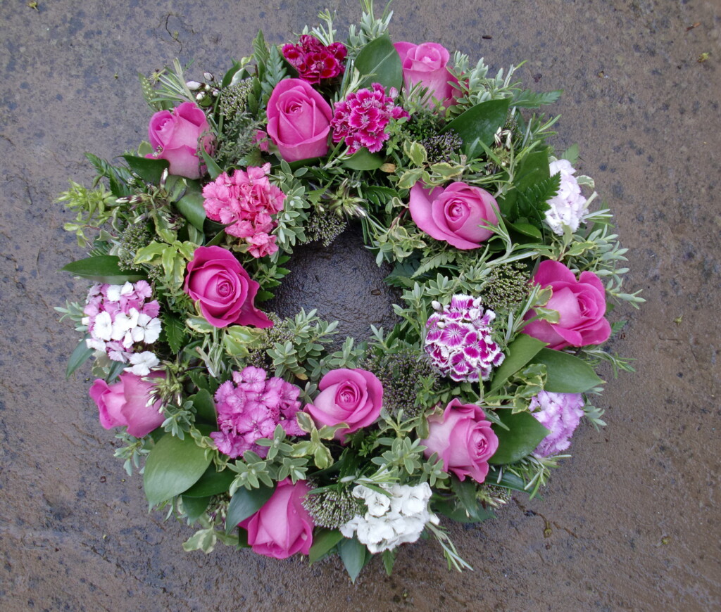 pink rose funeral wreath
