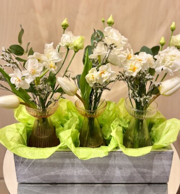 A Trio of Bud Vases in a Wooden Gift Box
